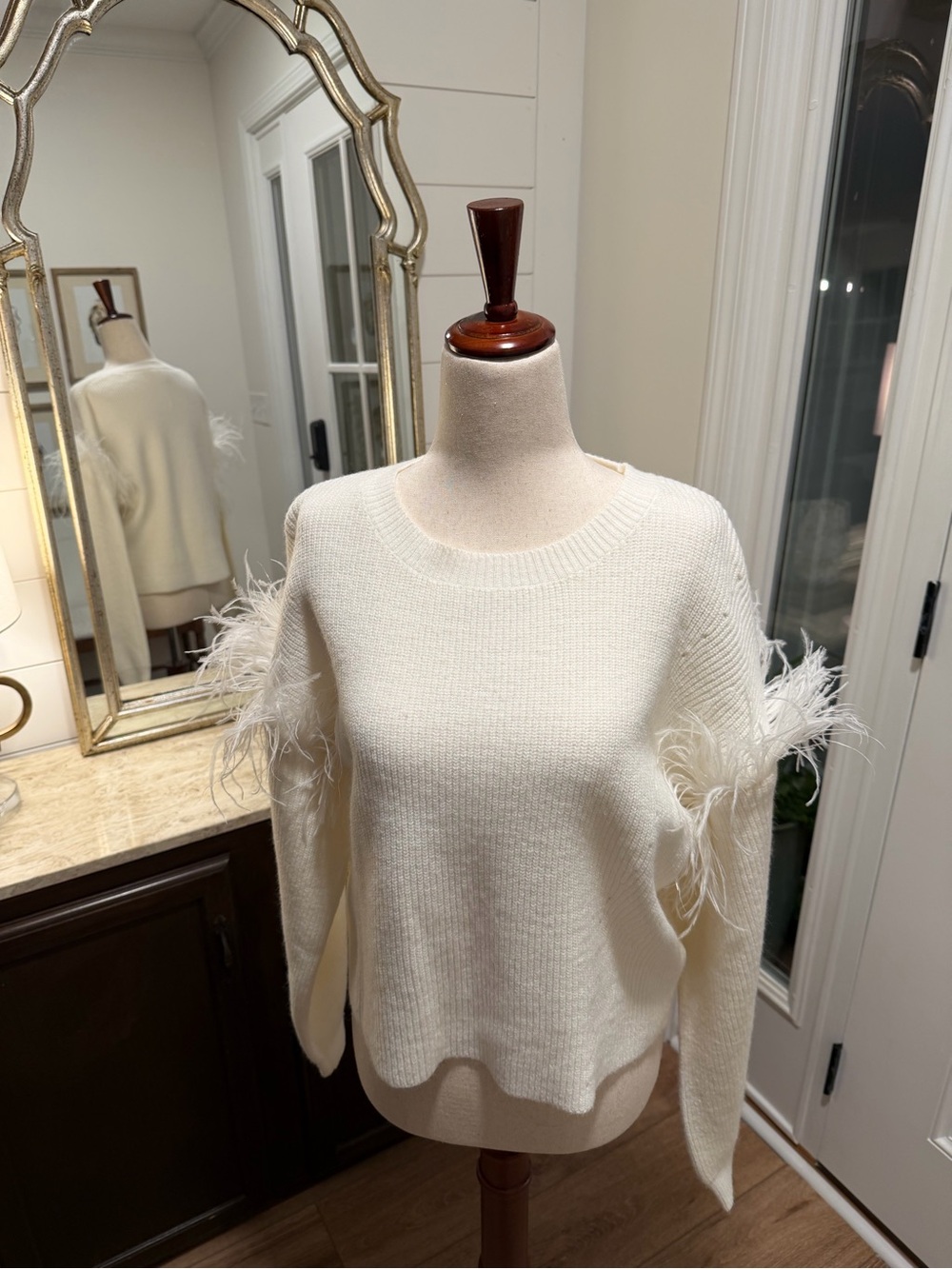 Women's Cream Feather-Trim Knit Sweater